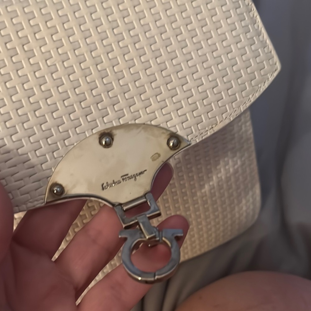 EUC Vintage Savatore Ferragamo White  Textured Satchel Bag with Silver Hardware - Picture 12 of 14